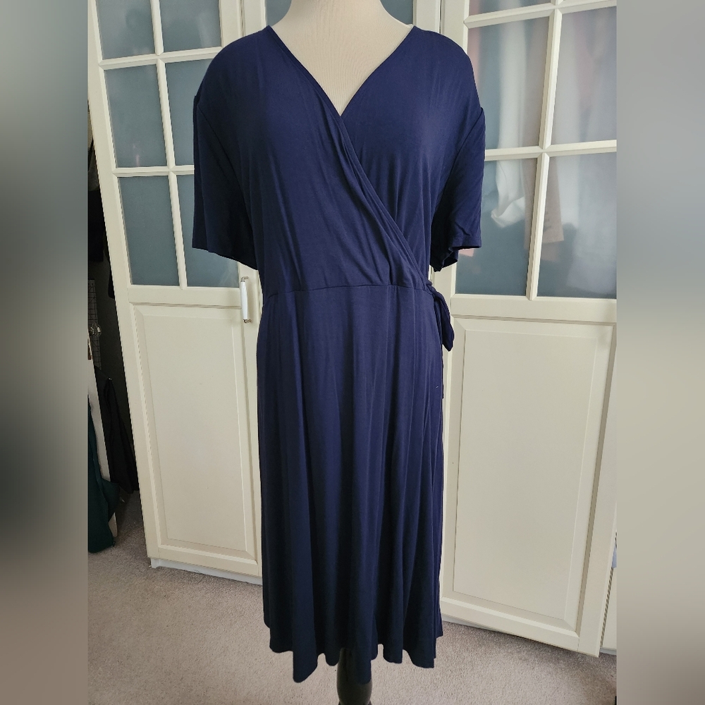 NWT Amazon Essentials Blue Pleated V-Neck Dress
